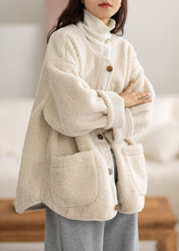 Drune | Kaffee O-Ausschnitt Taschen Knopf Warm Faux Fur Mäntel Lange Ärmel