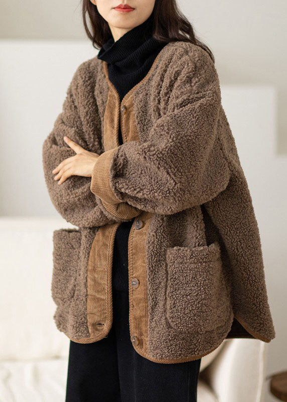 Drune | Kaffee O-Ausschnitt Taschen Knopf Warm Faux Fur Mäntel Lange Ärmel