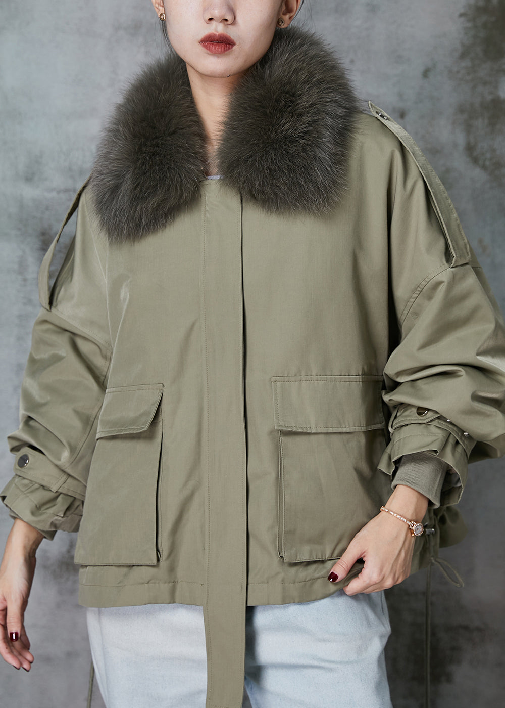 Drune | Grün Fox Kragen Fuzzy Kaninchenhaar Futter Zugjacken
