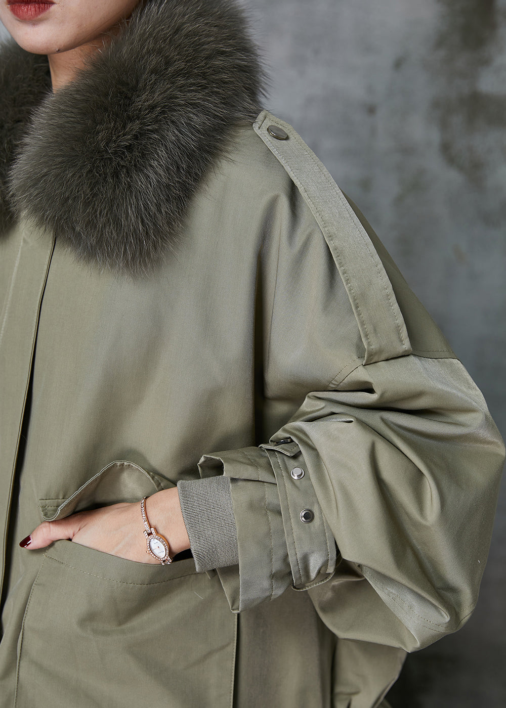 Drune | Grün Fox Kragen Fuzzy Kaninchenhaar Futter Zugjacken