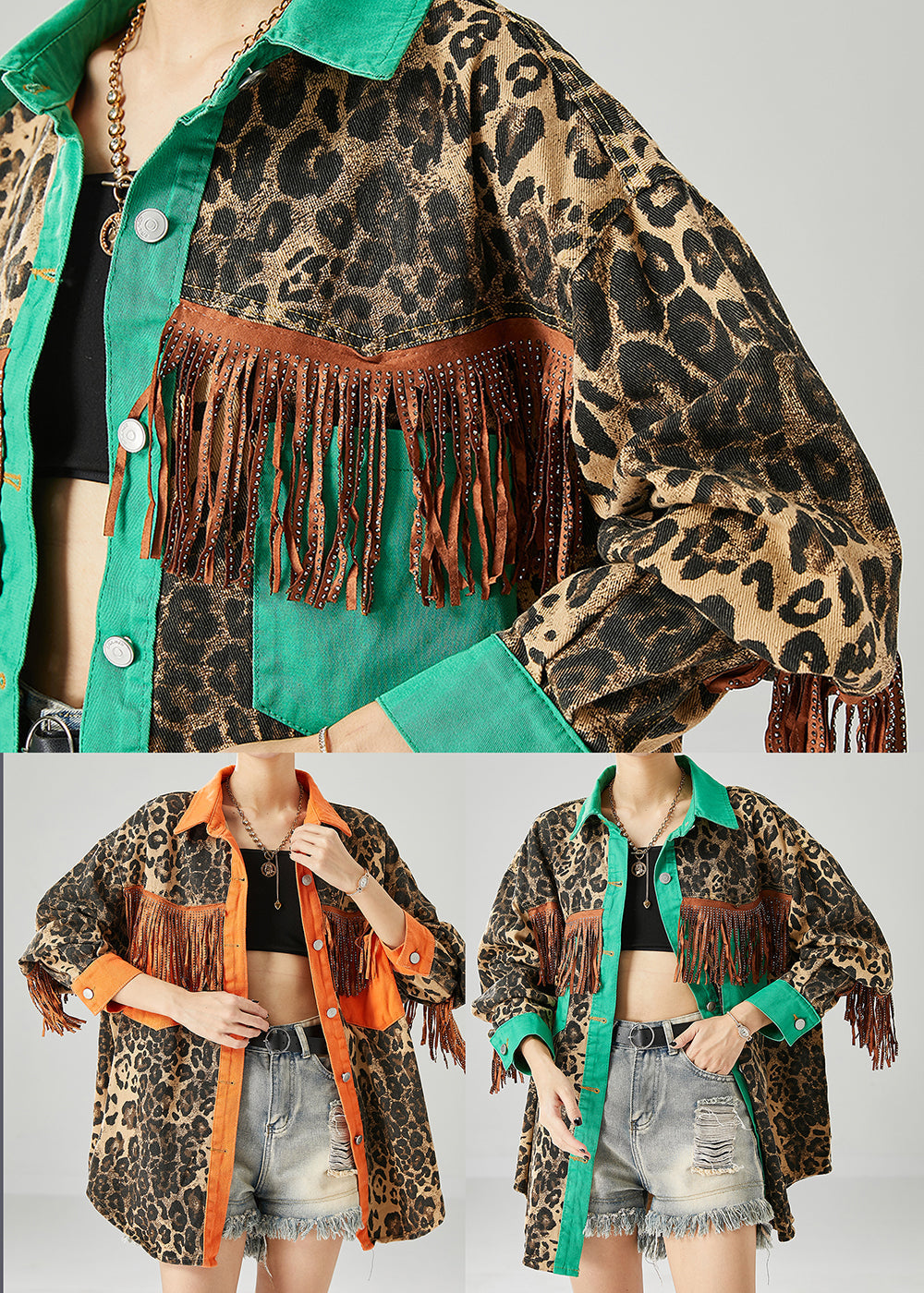 Drune | Grüne Quasten Patchwork Leopardenmuster Baumwollmäntel