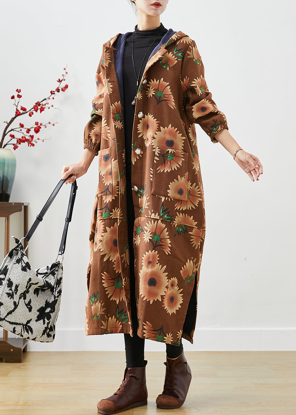 Drune | Khaki Kapuzen Floral Print Warme Fleece Mäntel Winter