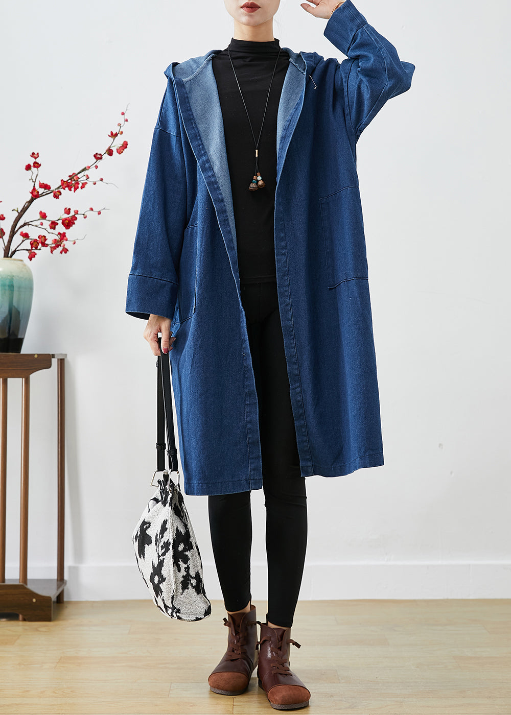 Drune | Marineblauer Kapuzen Oversized Baumwoll-Trenchcoat