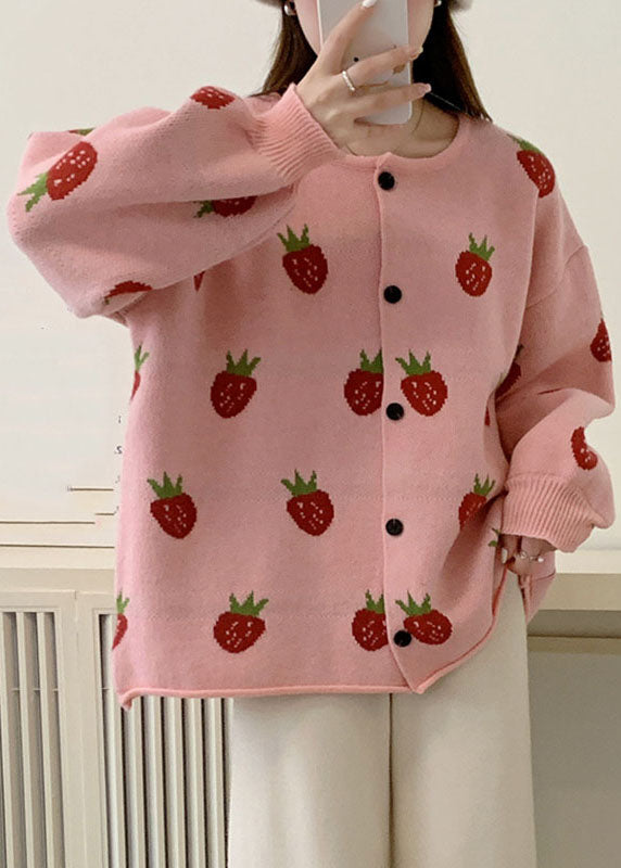 Drune | Pink Strawberry Floral Baumwollstrickpullover Mäntel