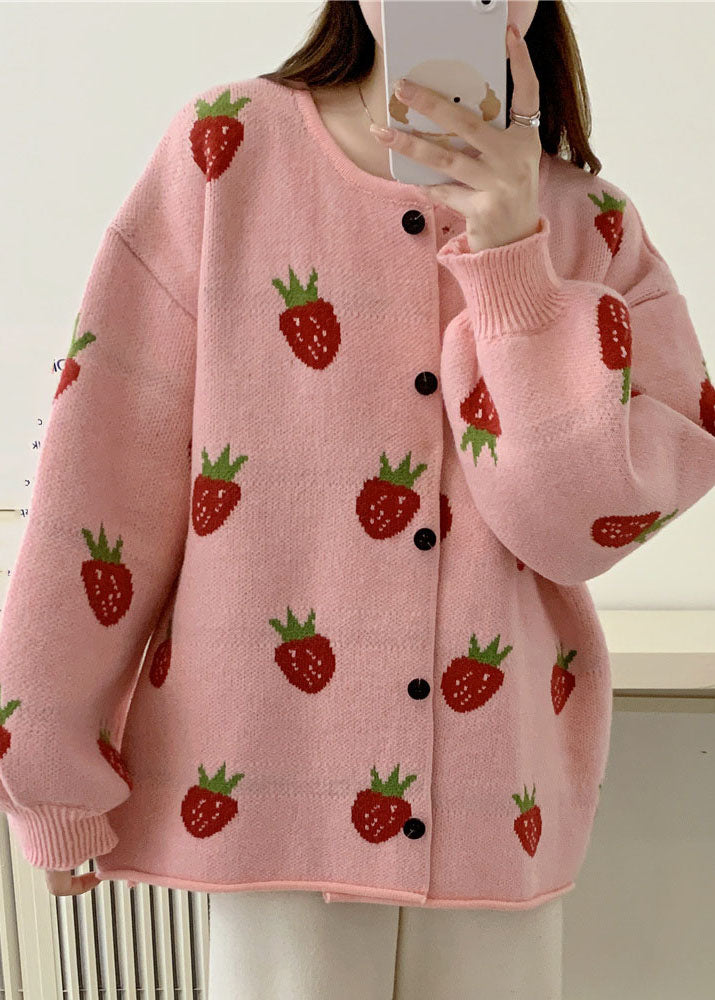 Drune | Pink Strawberry Floral Baumwollstrickpullover Mäntel