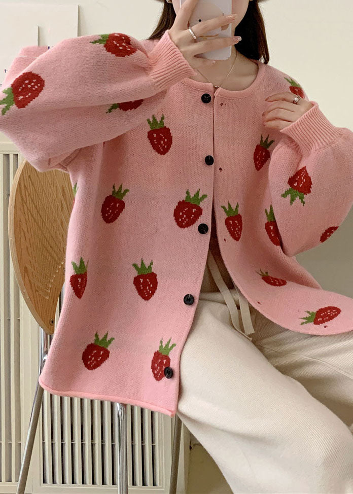 Drune | Pink Strawberry Floral Baumwollstrickpullover Mäntel
