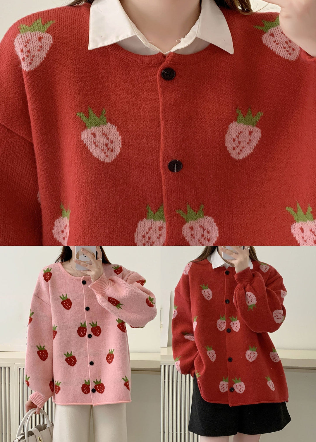 Drune | Pink Strawberry Floral Baumwollstrickpullover Mäntel