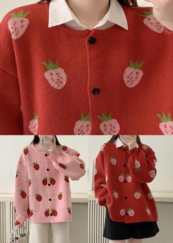 Drune | Pink Strawberry Floral Baumwollstrickpullover Mäntel
