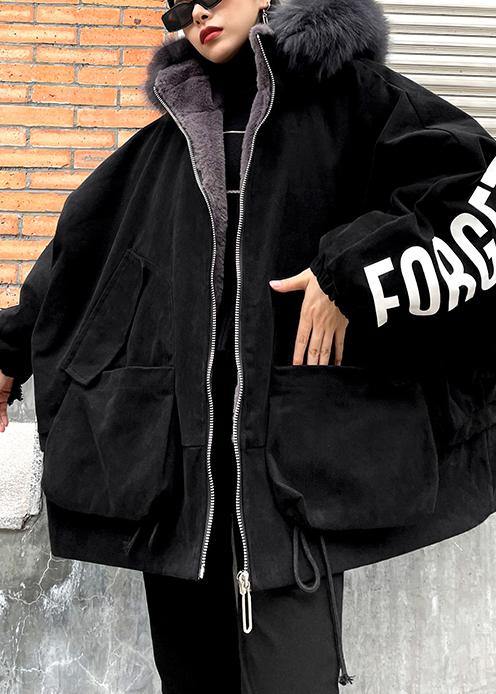 Drune | schwarze Buchstabenmäntel Übergröße Schneejacken mit Kunstpelzkragen Taschenmäntel