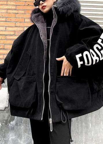 Drune | schwarze Buchstabenmäntel Übergröße Schneejacken mit Kunstpelzkragen Taschenmäntel
