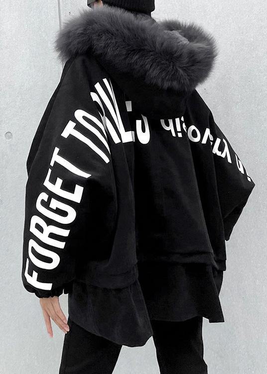 Drune | schwarze Buchstabenmäntel Übergröße Schneejacken mit Kunstpelzkragen Taschenmäntel