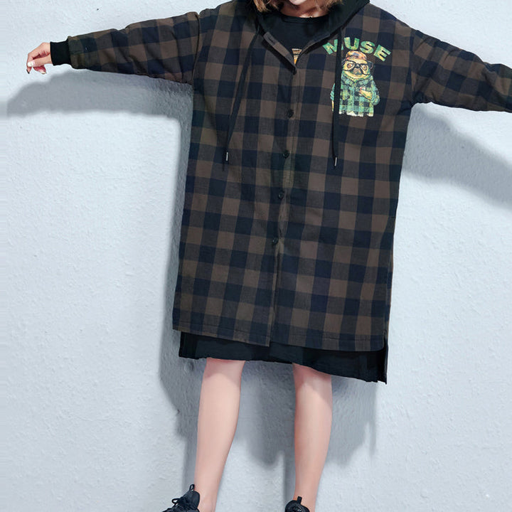 Drune | Gitterdruck Baumwollmäntel Übergrößen Kapuzen Winter dicke Outfits