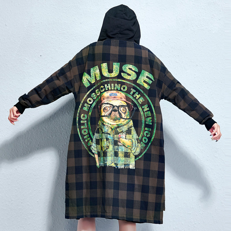 Drune | Gitterdruck Baumwollmäntel Übergrößen Kapuzen Winter dicke Outfits