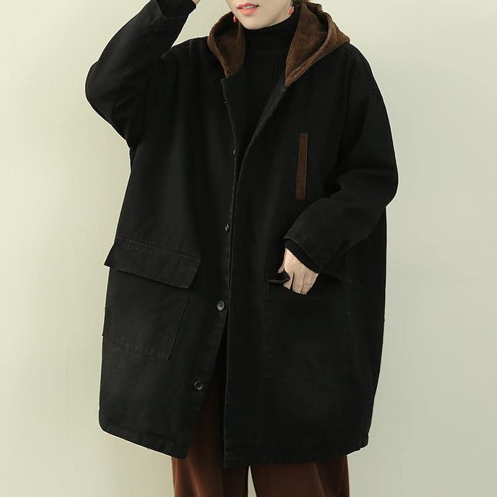 Drune | Plus-Size Schnee-Outwear schwarze kapuzen Patchwork Damenmäntel