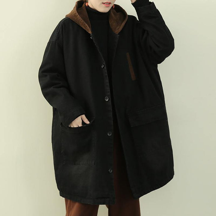 Drune | Plus-Size Schnee-Outwear schwarze kapuzen Patchwork Damenmäntel