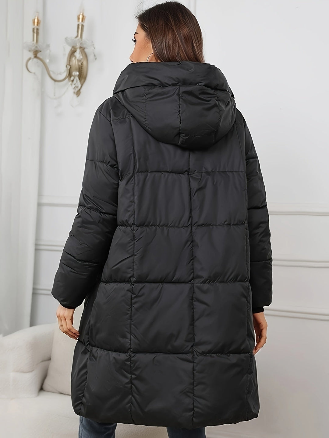 Drune | Damen Midilange Gefütterte Pufferjacke mit Kapuze und Taschen