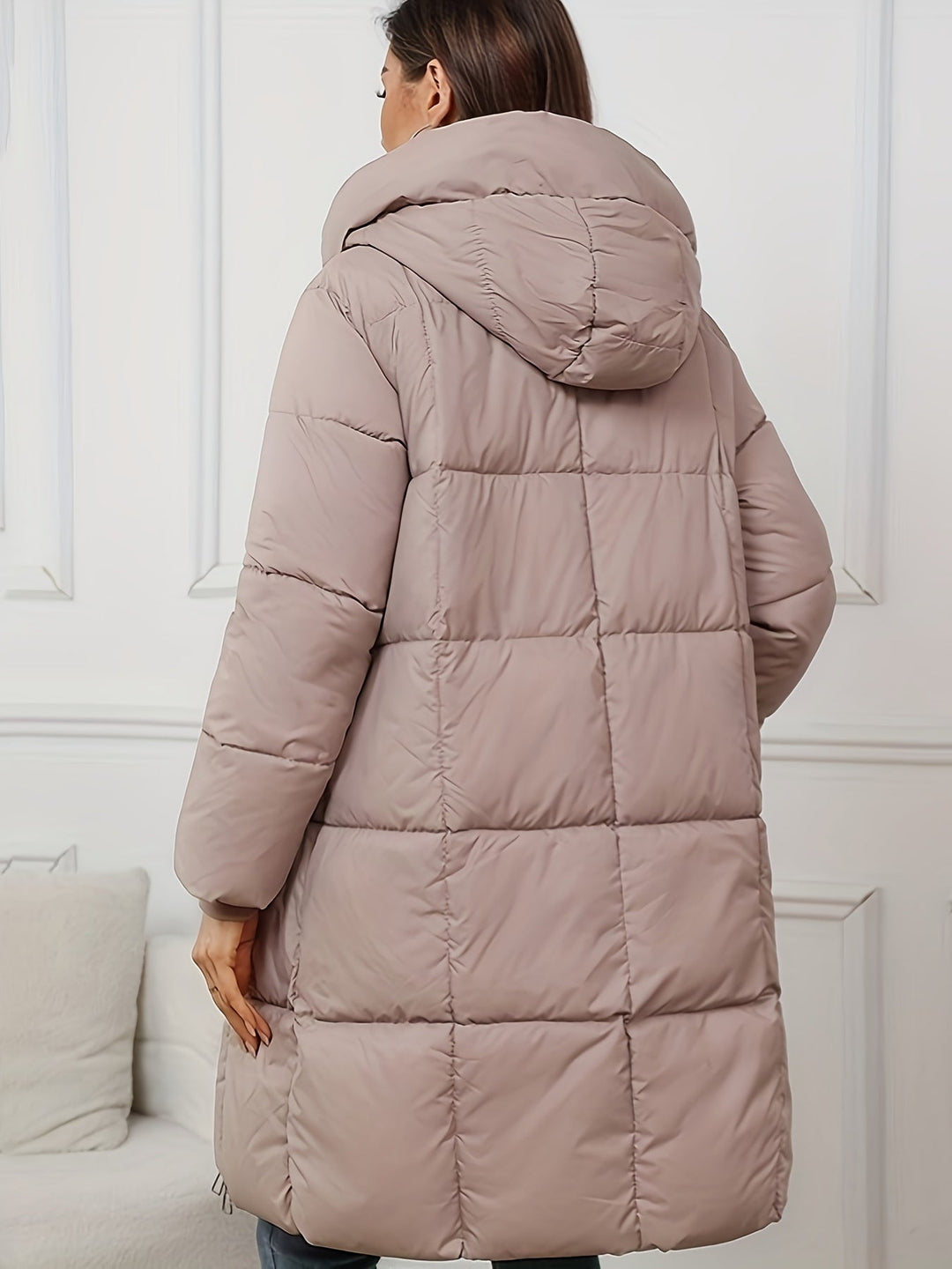Drune | Damen Midilange Gefütterte Pufferjacke mit Kapuze und Taschen