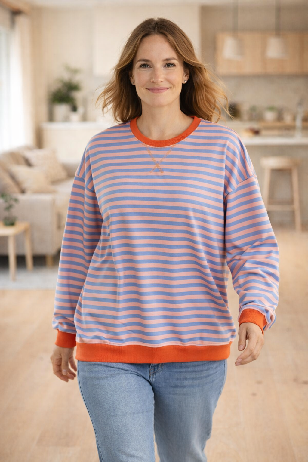 Drune Damen Pullover gestreift Rundhals langarm locker
