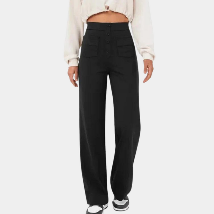 Drune | Schlaghose High Waist - Weite Beinform mit Zierknöpfen & Fronttaschen für Retro-Look