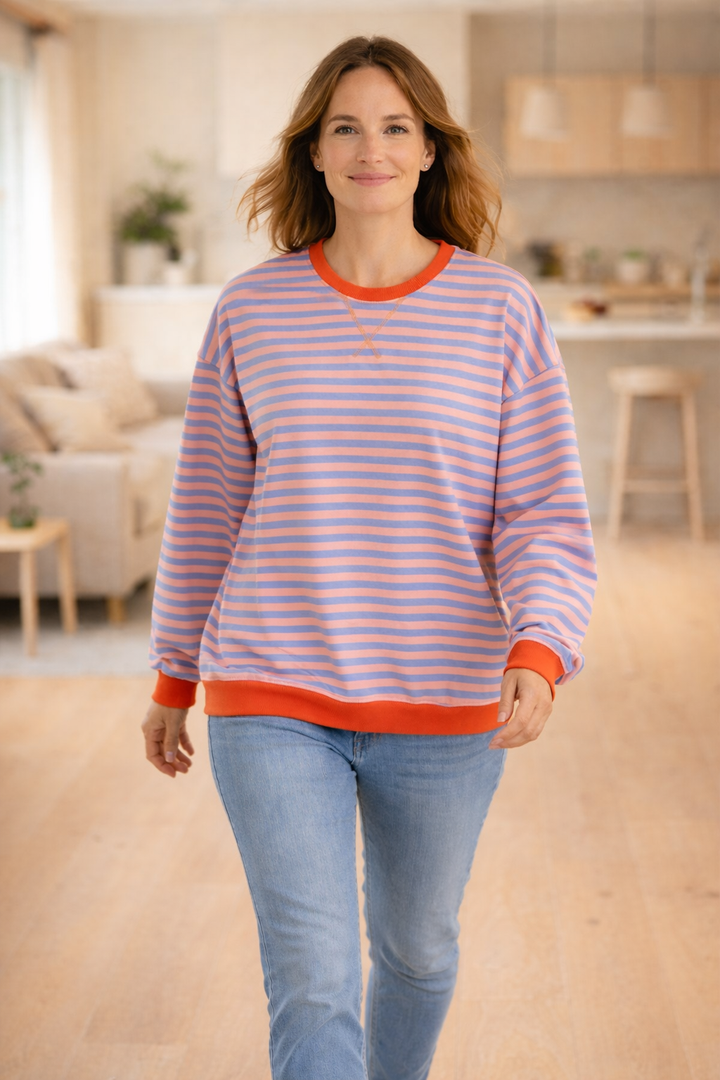 Drune Damen Pullover gestreift Rundhals langarm locker