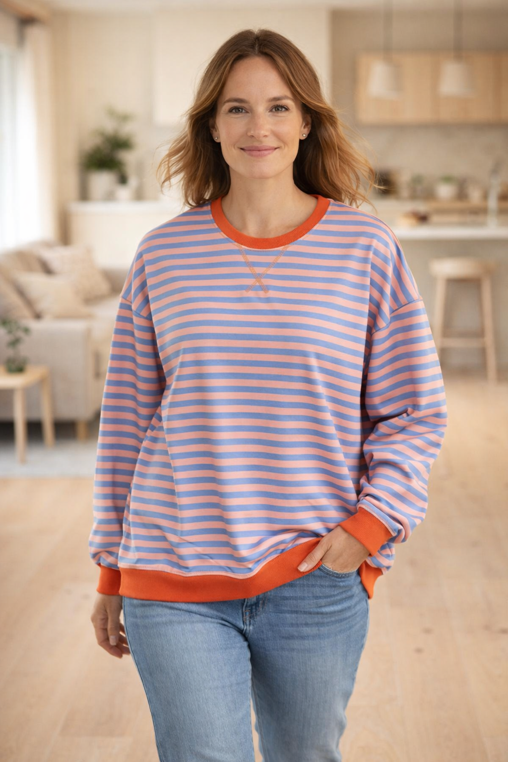 Drune Damen Pullover gestreift Rundhals langarm locker