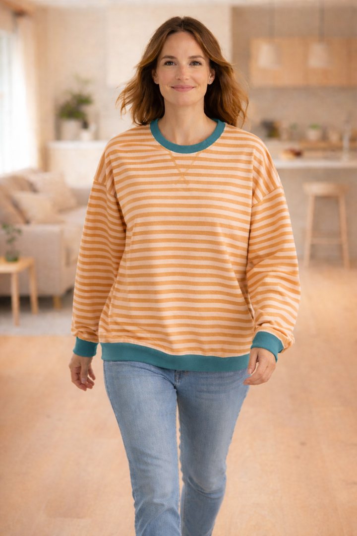 Drune Damen Pullover gestreift Rundhals langarm locker