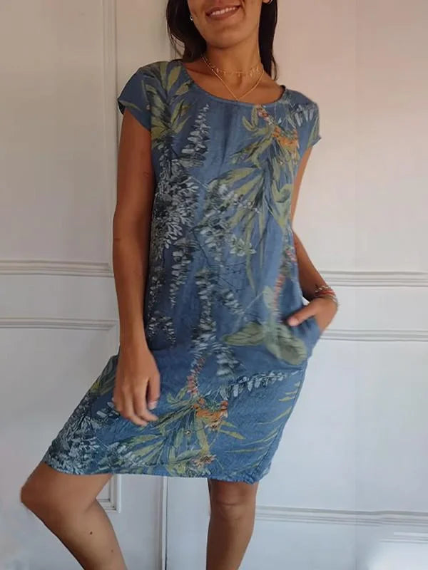 Drune | Damenkleid aus Baumwolle und Leinen mit Rundhalsausschnitt