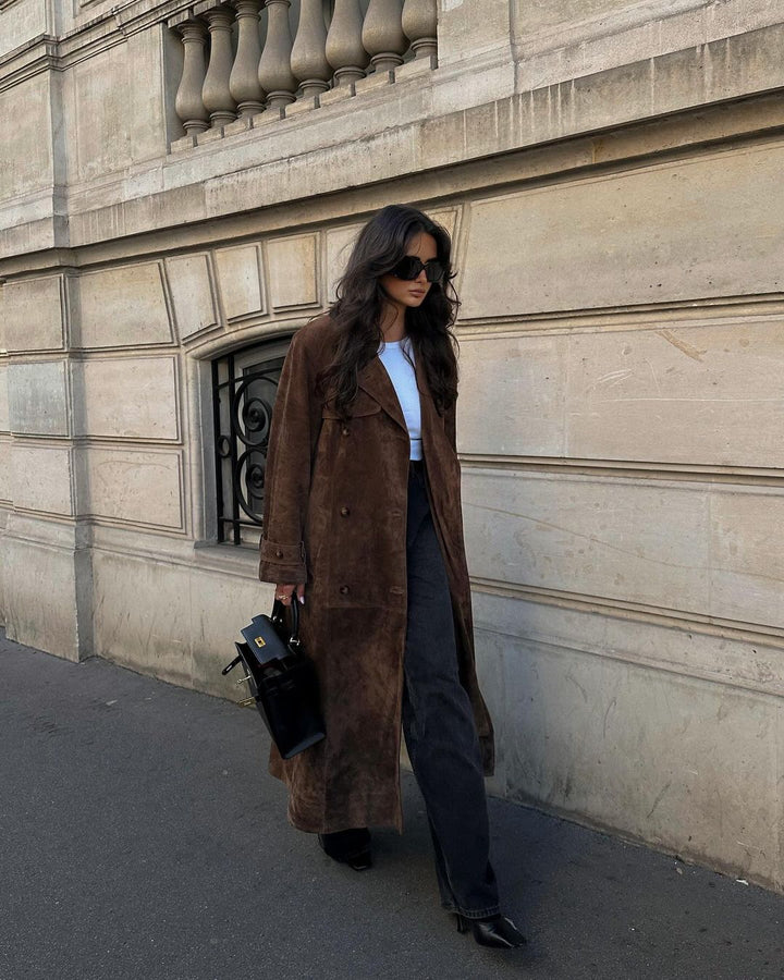 Drune | Damen Stilvoller Langer Trenchcoat mit Reverskragen und Knopfverschluss