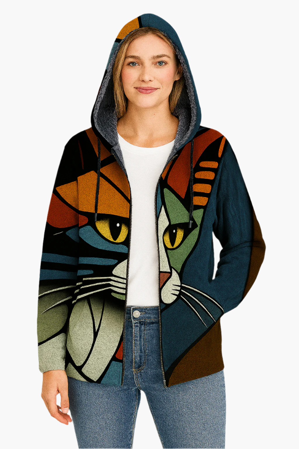 Drune | Kapuzenjacke mit künstlerischem Katzenmotiv - Moderne Freizeitjacke für einen einzigartigen Look