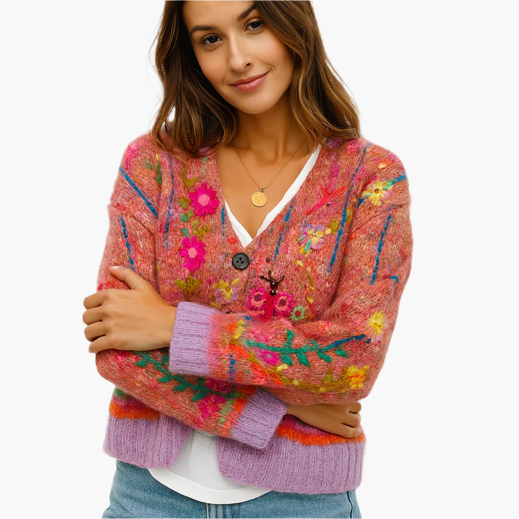 Drune | Strickjacke im Boho-Stil mit floralen Akzenten - Gemütliche, modische Cardigan für Freizeit und Alltag