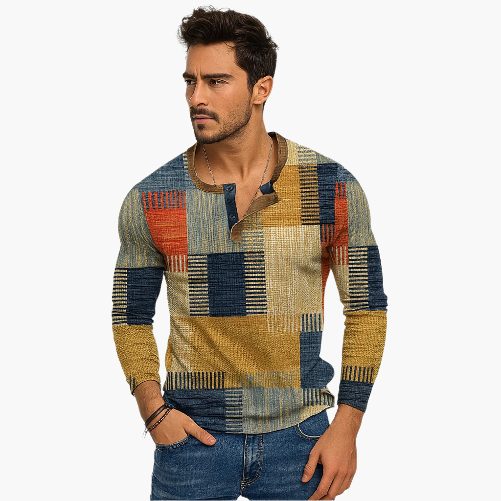 Drune | Patchwork Strickpullover - Moderner Henley-Stil für Herbst & Winter