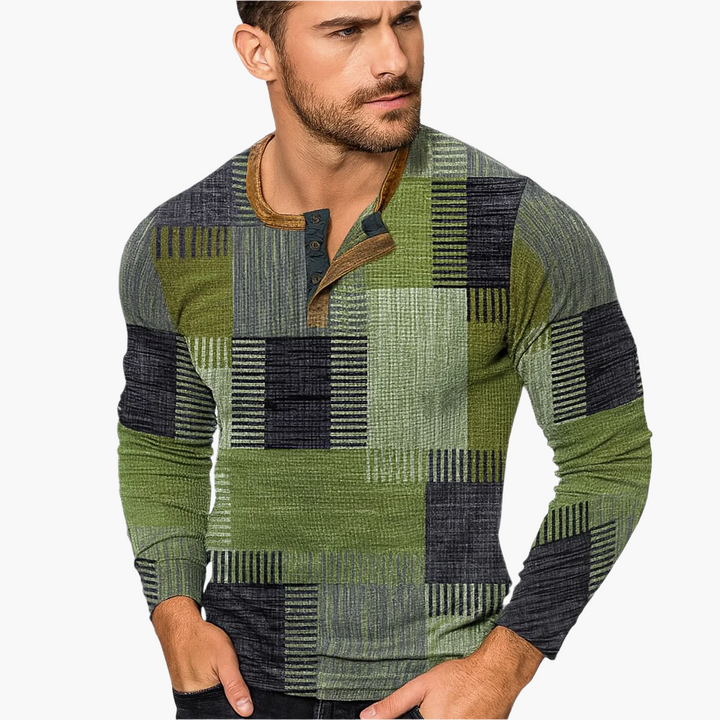Drune | Patchwork Strickpullover - Moderner Henley-Stil für Herbst & Winter