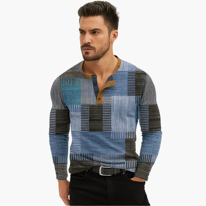 Drune | Patchwork Strickpullover - Moderner Henley-Stil für Herbst & Winter