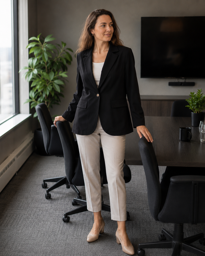 Damen modernes Blazer-Outfit mit elegantem Schnitt und klassischen Details Drune