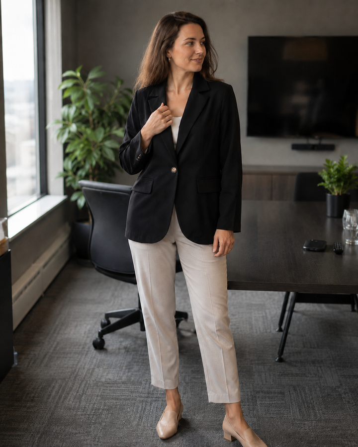 Damen modernes Blazer-Outfit mit elegantem Schnitt und klassischen Details Drune