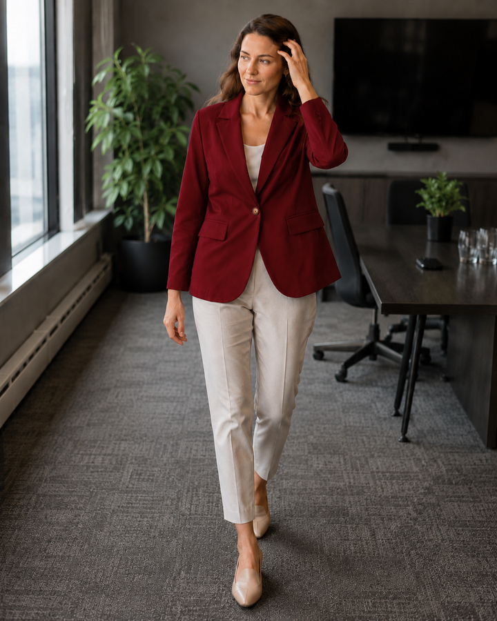 Damen modernes Blazer-Outfit mit elegantem Schnitt und klassischen Details Drune