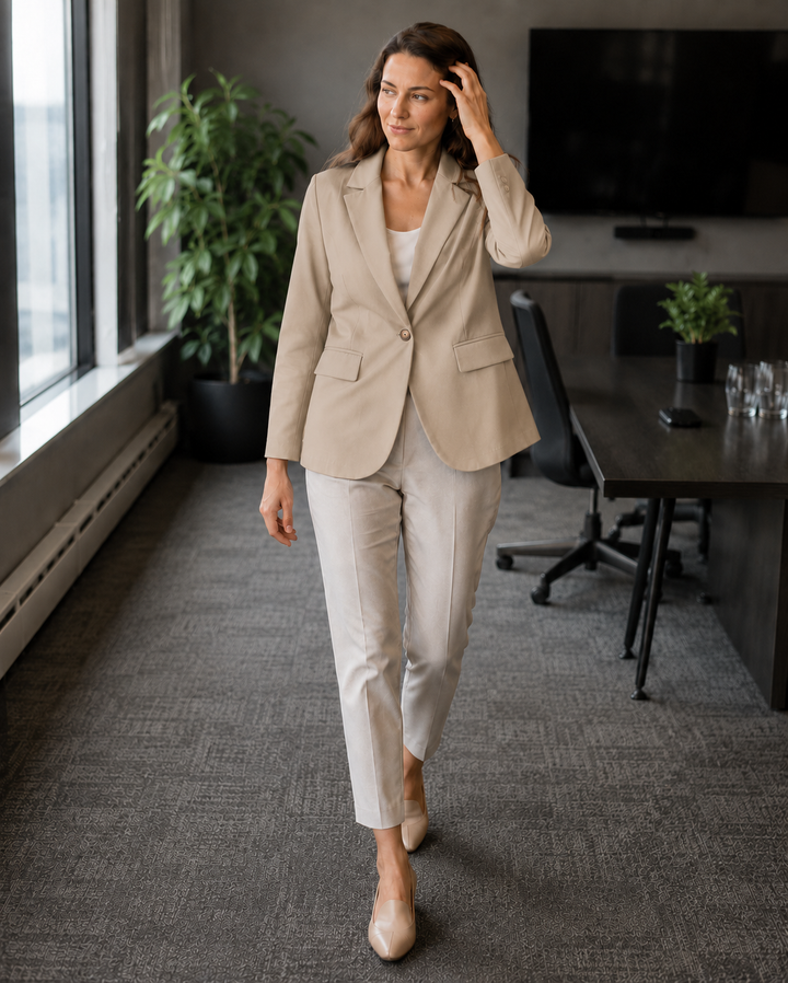 Damen modernes Blazer-Outfit mit elegantem Schnitt und klassischen Details Drune