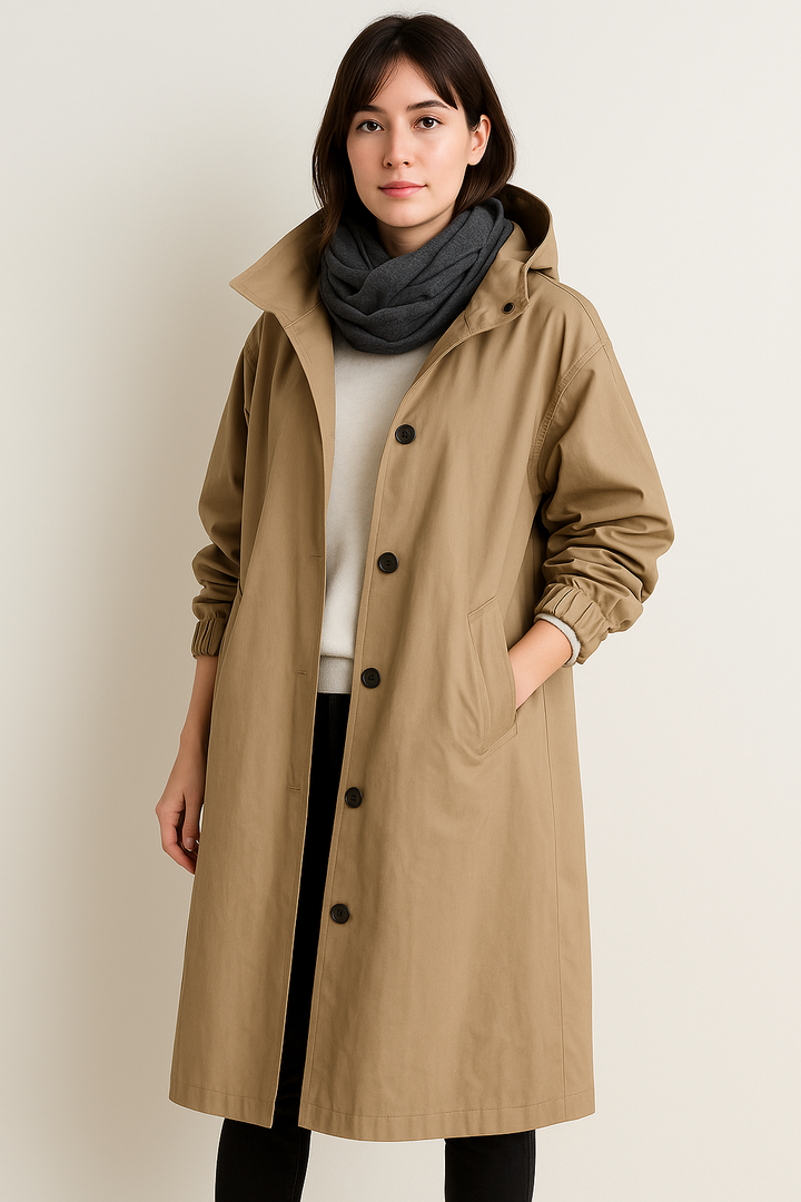 Drune | Langer Damen Trenchcoat mit Kapuze