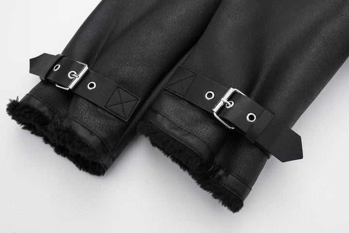 Drune | Schicke Schwarze PU-Lederjacke mit Fellkragen