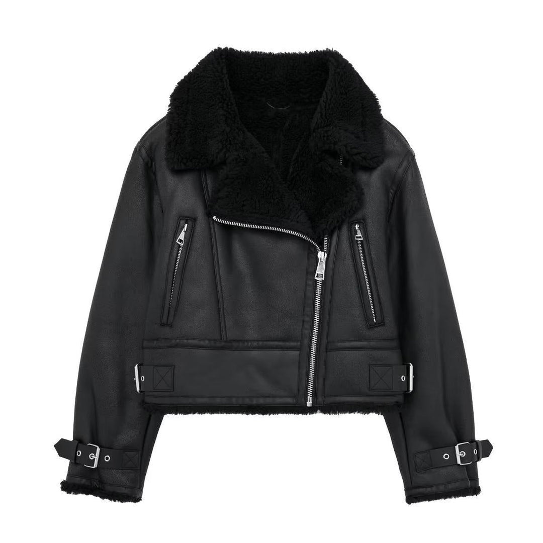 Drune | Schicke Schwarze PU-Lederjacke mit Fellkragen