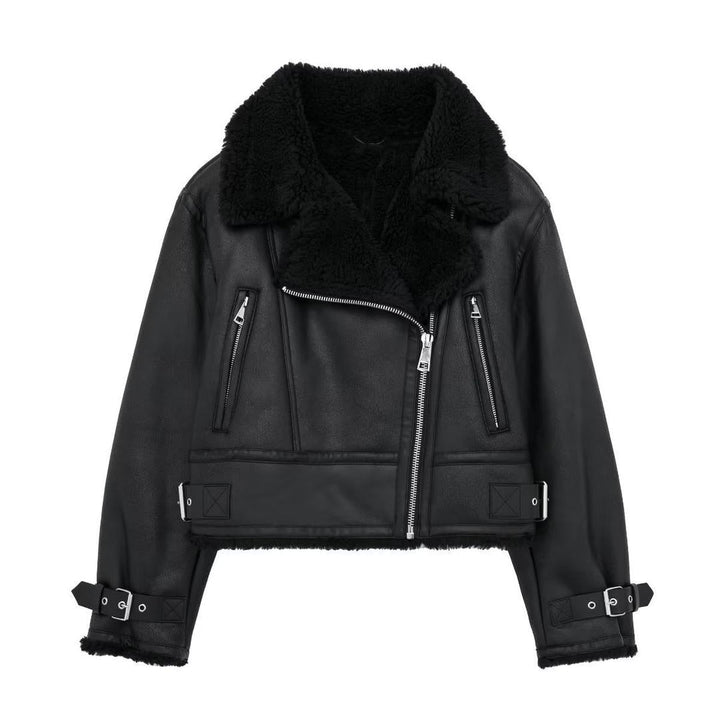 Drune | Schicke Schwarze PU-Lederjacke mit Fellkragen