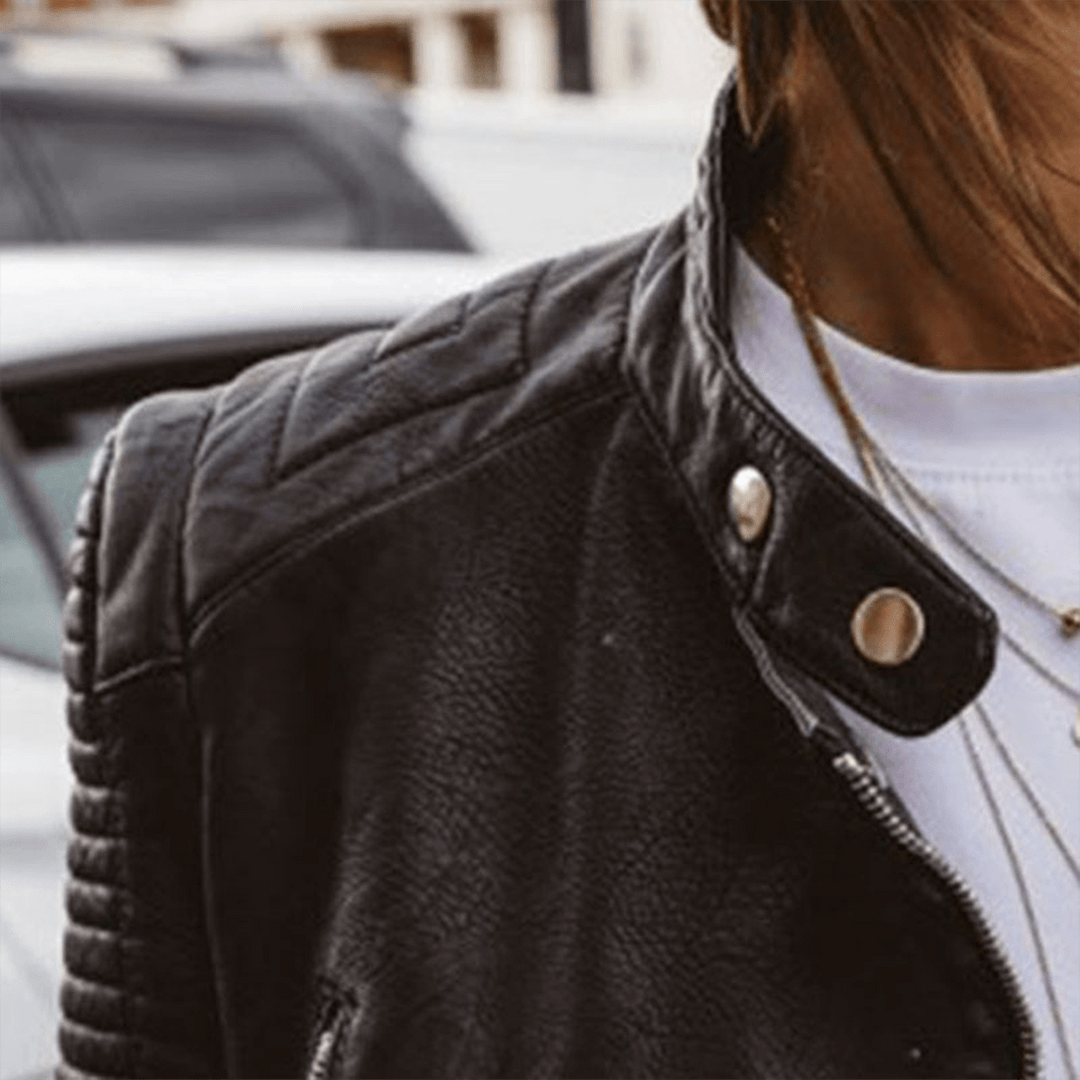 Drune | Schicke Schwarze PU-Leder Stehkragenjacke Für Frauen