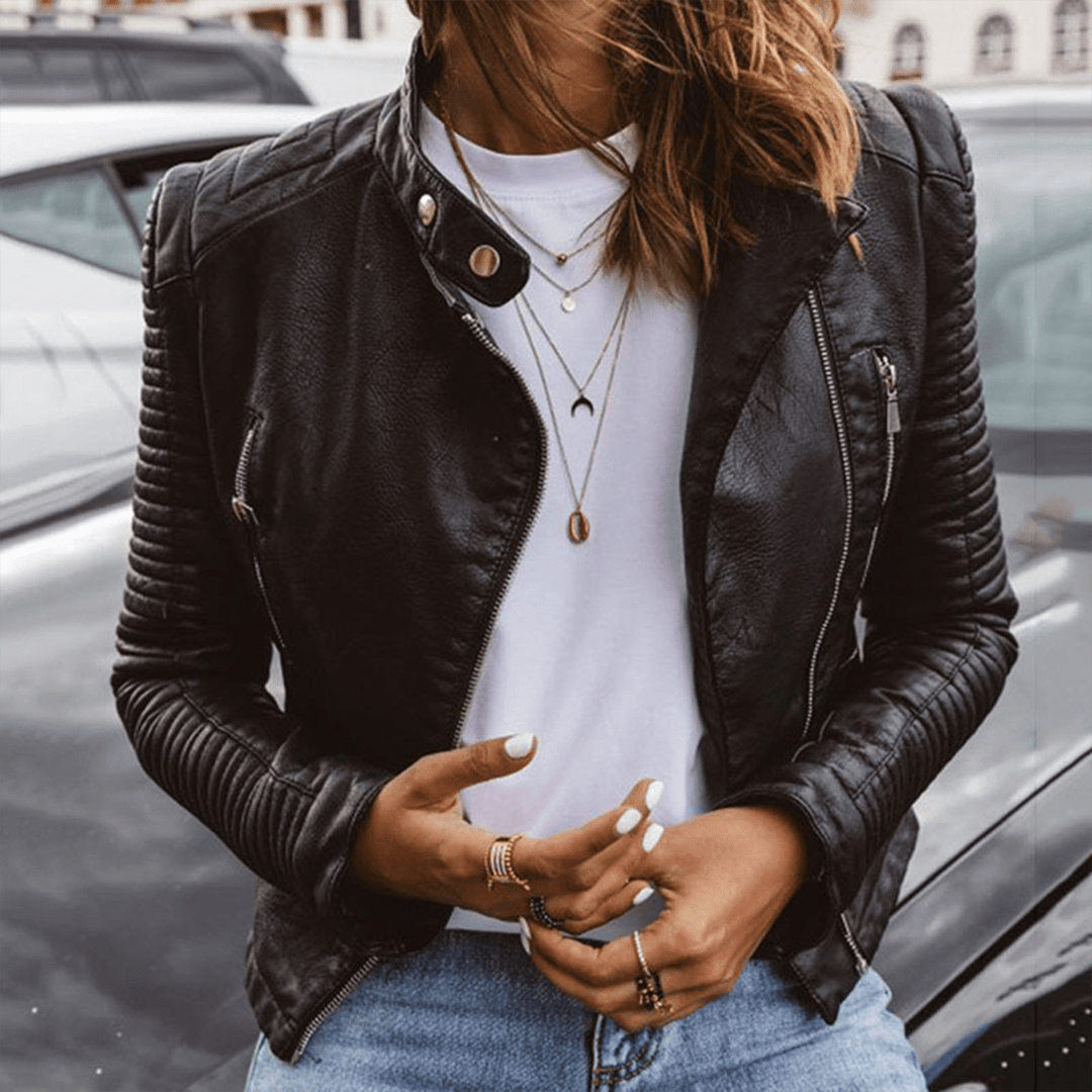 Drune | Schicke Schwarze PU-Leder Stehkragenjacke Für Frauen