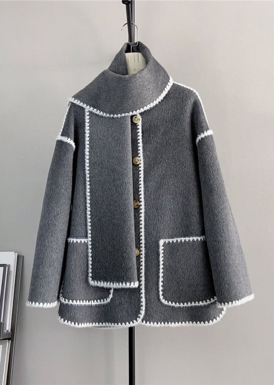 Drune | Graue Knopf-Taschen Wollen Kurze Mäntel Winter