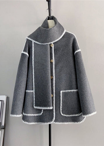 Drune | Graue Knopf-Taschen Wollen Kurze Mäntel Winter