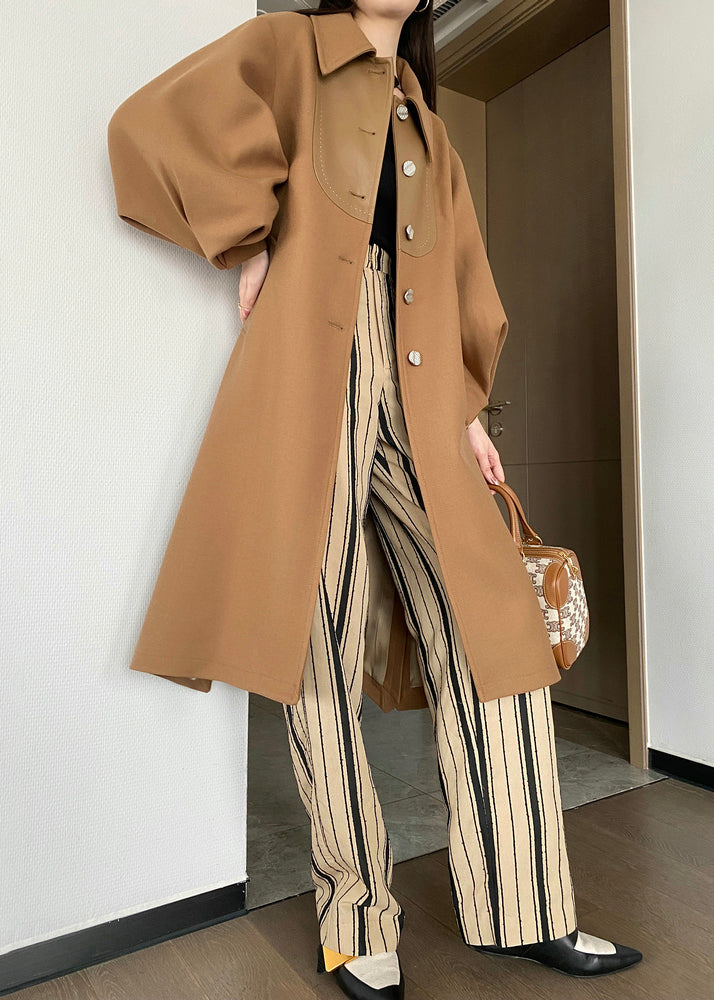 Drune | Khaki Knopf Bindegürtel Patchwork Woll Trenchcoats Laternenärmel