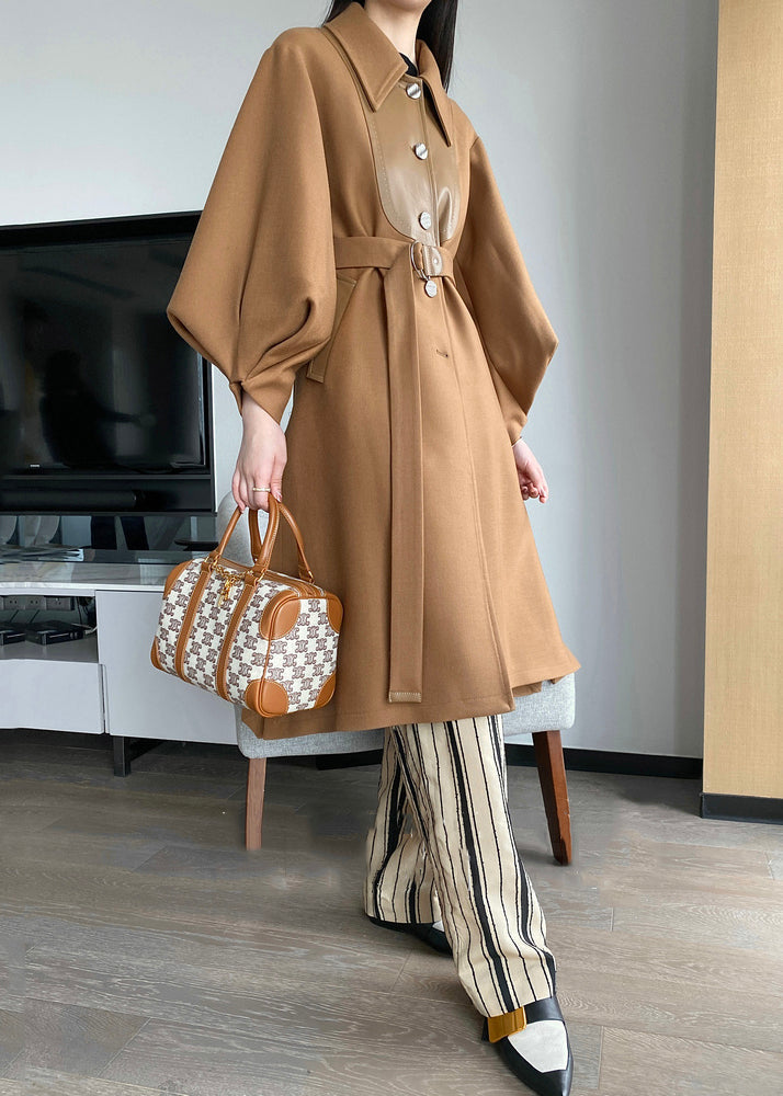 Drune | Khaki Knopf Bindegürtel Patchwork Woll Trenchcoats Laternenärmel