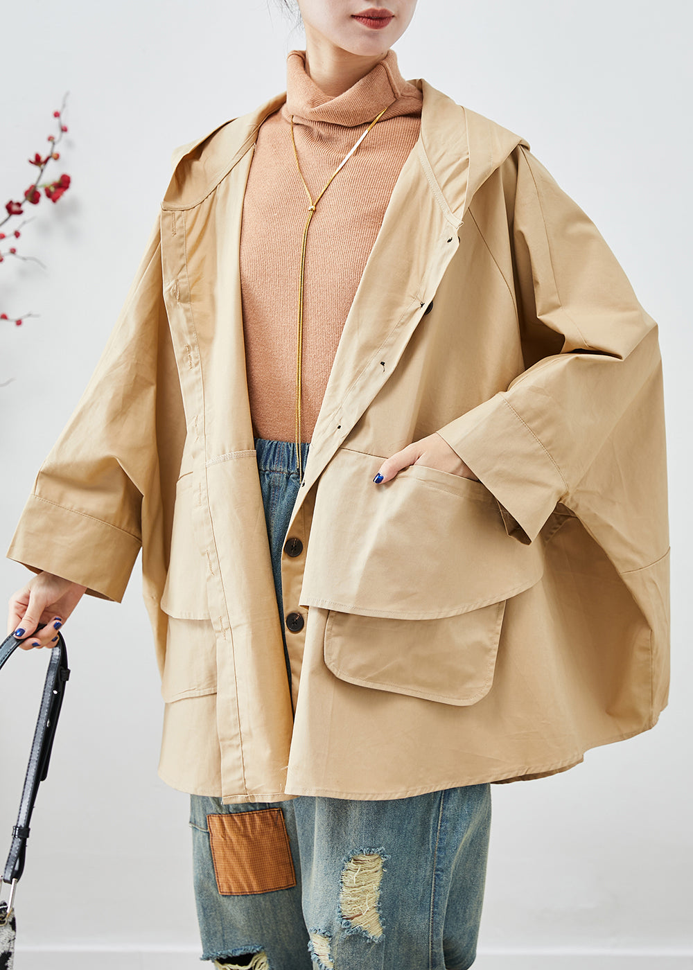 Drune | Khaki Oversized Patchwork Baumwollmäntel Fledermausärmel