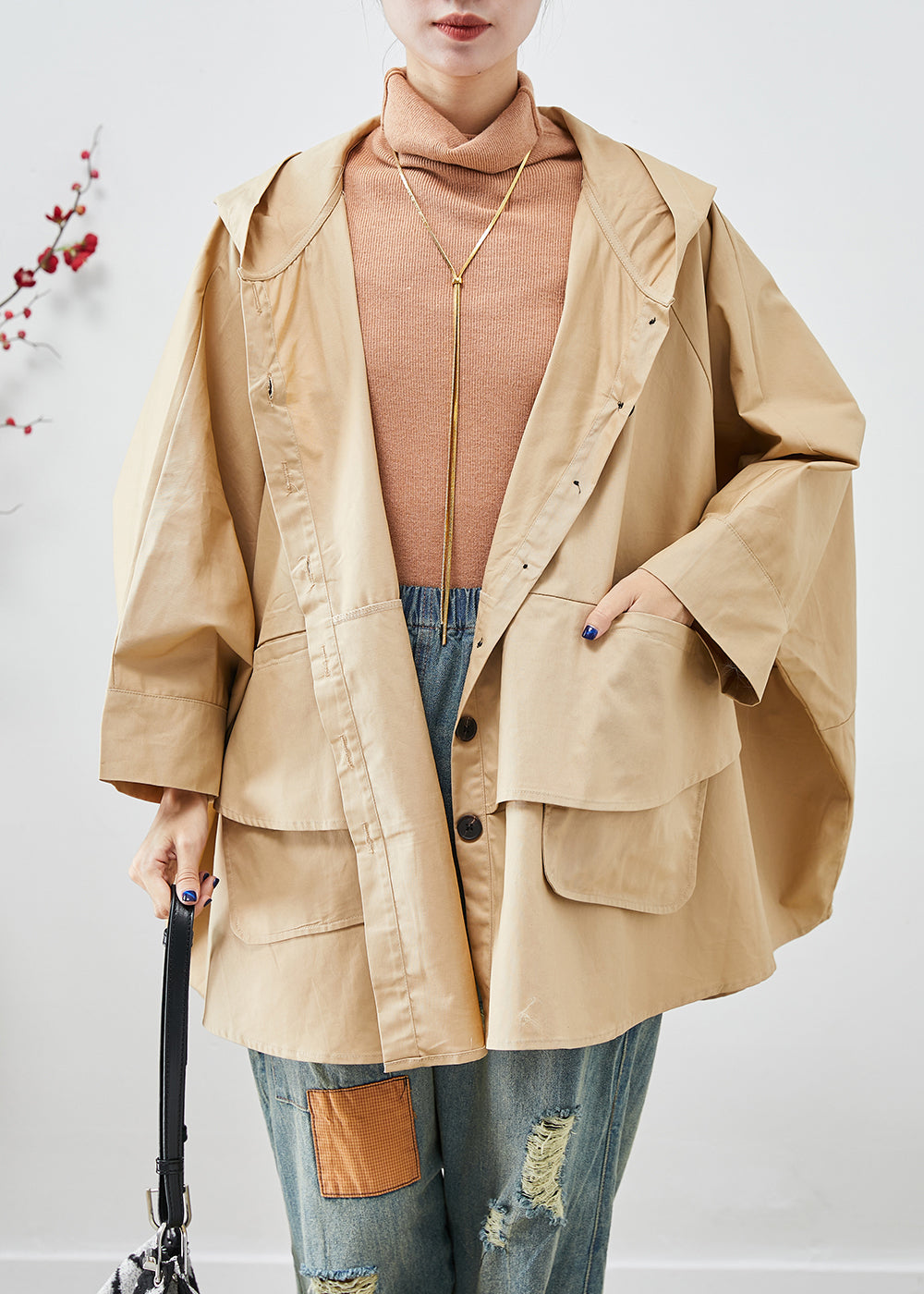 Drune | Khaki Oversized Patchwork Baumwollmäntel Fledermausärmel