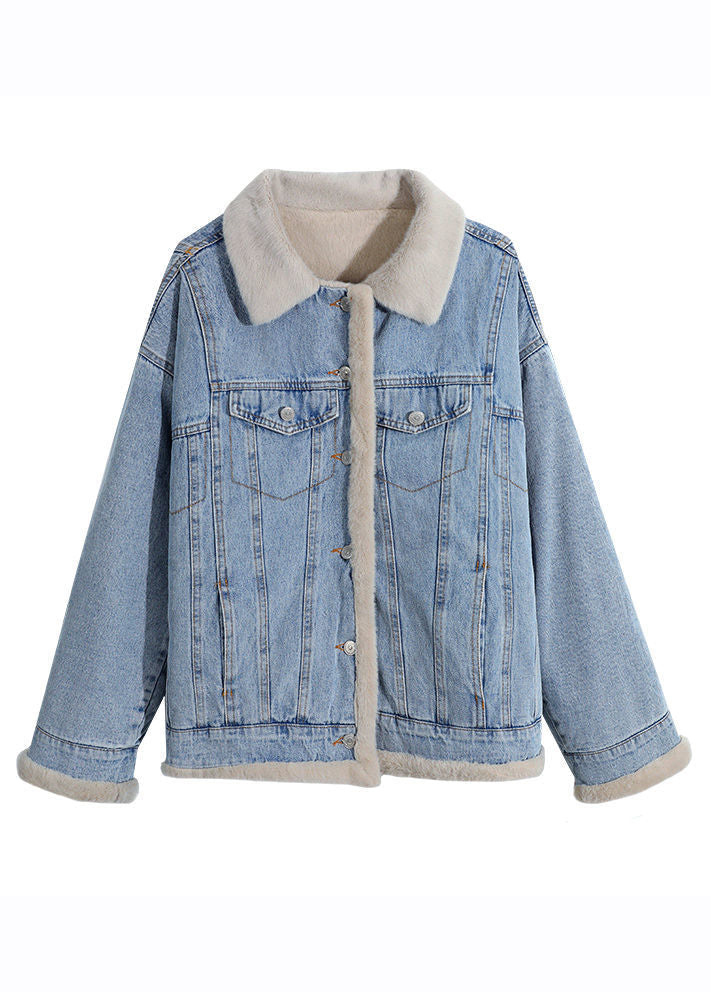 Drune | Hellblaues Peter-Pan-Kragen-Taschen Warm Fleece Denim Mäntel Langarm